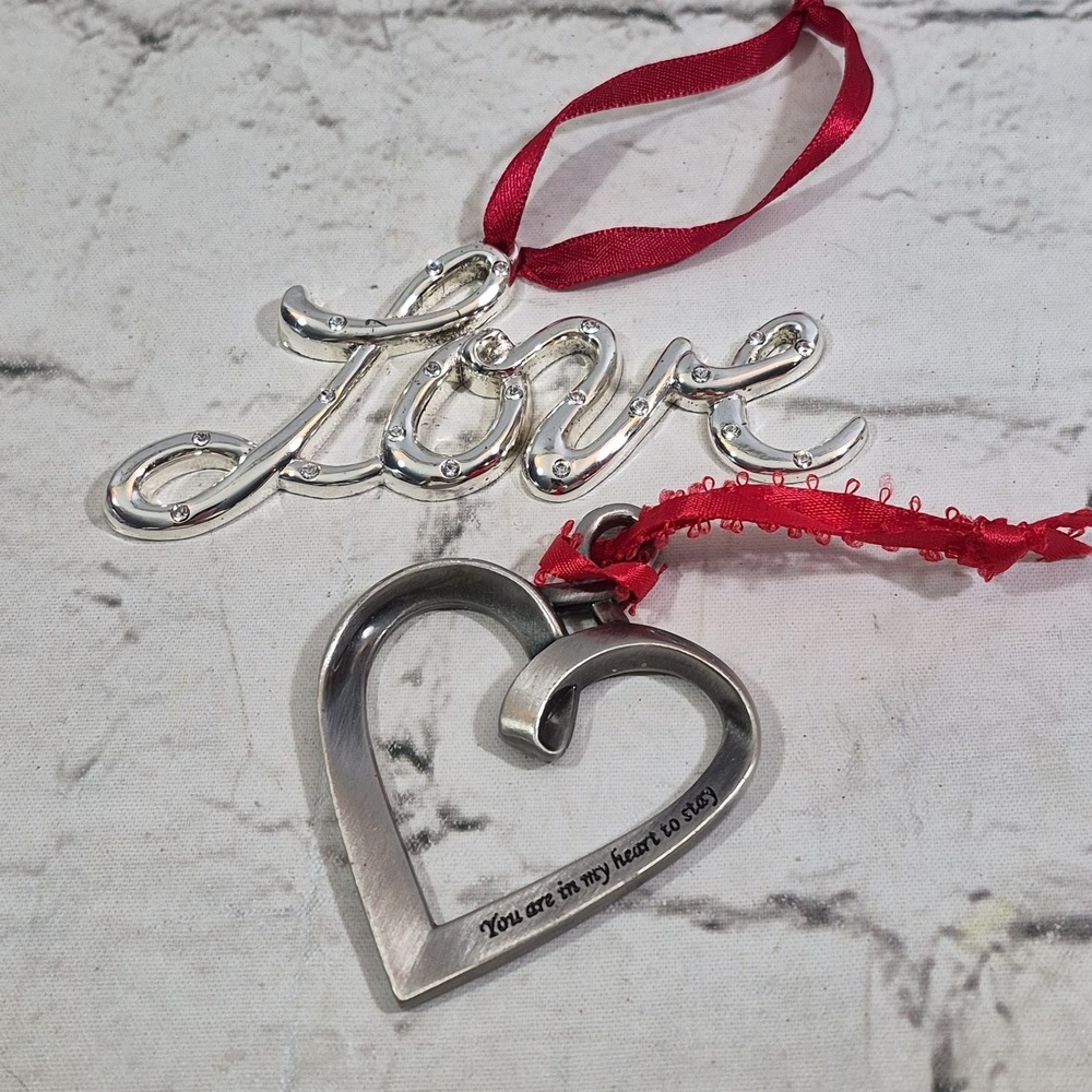 Ganz Pewter Heart Ribbon Ornament Kindness & Cursive Silver Tone Love Lot Of 2